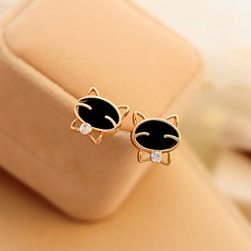 Black Smile Cat Sweet Cute High-Grade Fine Stud Earrings Fine Jewelry Feida 1