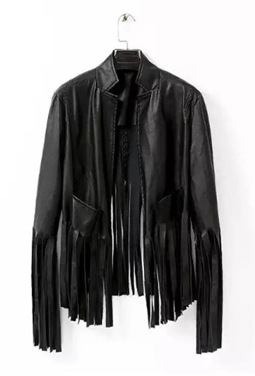 Black Stand Collar Faux Leather Tassel Irregular Fringed Cardigan Short Jacket Women's Casual Outwear Blouse Top 1