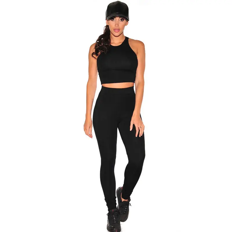 Black Two Piece Jumpsuit Sleeveless Crop Top Casual Rompers Jumpsuit Long Pants Full Length Bodycon Jumpsuit 1