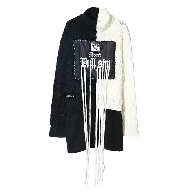 Black White Contrast Color Letter Tassel Sweater Woman Turtleneck Fringed Knitwear Jumper Pullover Kleding Jerseis Femme 1