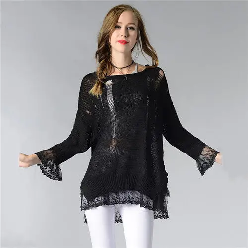 Black White Gray Cute Lace Patchwork Knitted Sweater Thin Loose Women Pullovers And Sweaters Ripped Pullovers Pull Femme 1