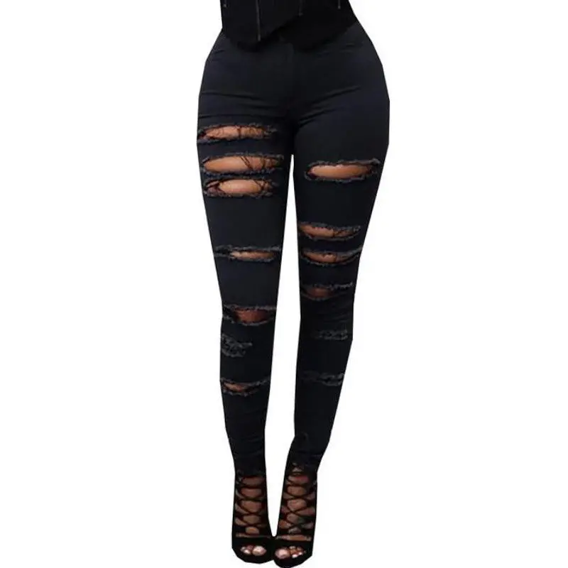 Black White High Waist Skinny Jeans Woman Cut Out Ripped Jeans Sexy Hip Lift Stretch Pencil Pants Jeans Women 4