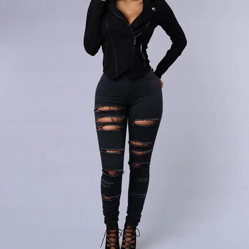 Black White High Waist Skinny Jeans Woman Cut Out Ripped Jeans Sexy Hip Lift Stretch Pencil Pants Jeans Women 5