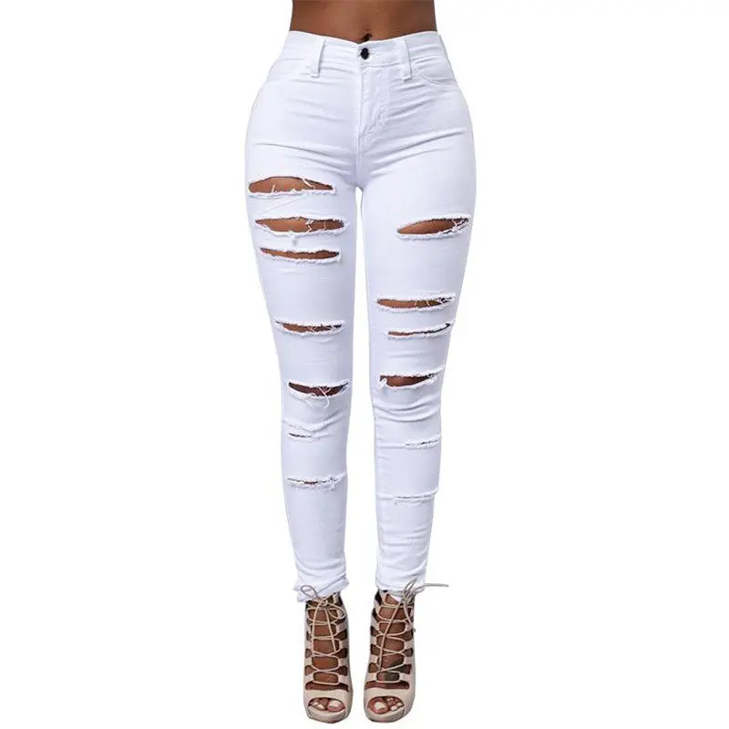 Black White High Waist Skinny Jeans Woman Cut Out Ripped Jeans Sexy Hip Lift Stretch Pencil Pants Jeans Women 6