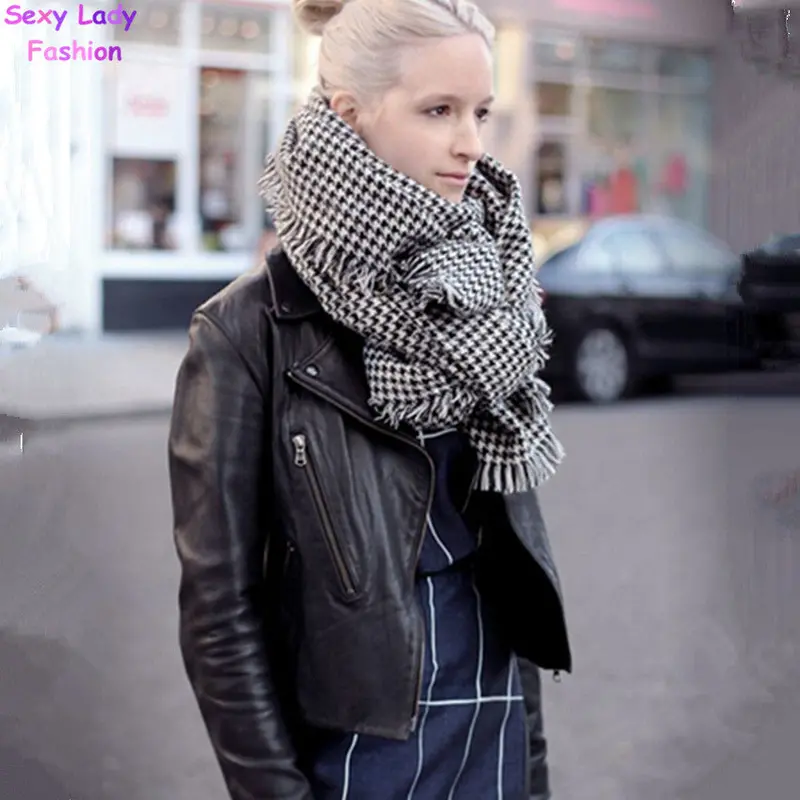 Black & White Houndstooth Plaid Checked Fringed Scarf Blanket Oversized Beveled Tassel Edged Wrap Shawl Christmas 2