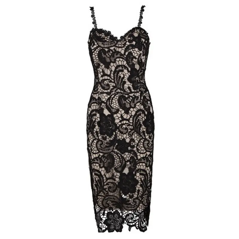 Black White Lace Dress Sexy V Neck Strap Lady Lace Party Dress Slim Pencil Bodycon Dress Floral Crochet Dresses For Women 1
