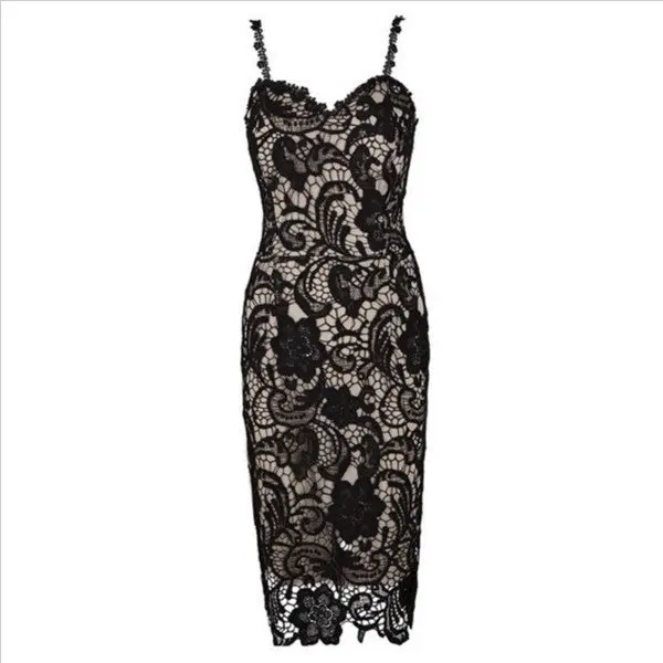 Black White Lace Dress Strap Crochet Party Dresses For Women Hollow Out Sexy Bodycon Dress Slim Mid Dress Plus Size 1