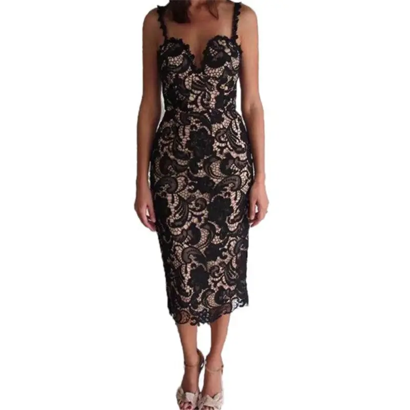 Black White Lace Dress Strap Crochet Party Dresses For Women Hollow Out Sexy Bodycon Dress Slim Mid Dress Plus Size 3