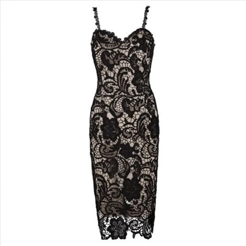 Black White Lace Dress Strap Crochet Party Dresses For Women Hollow Out Sexy Bodycon Dress Slim Mid Dress Plus Size 4