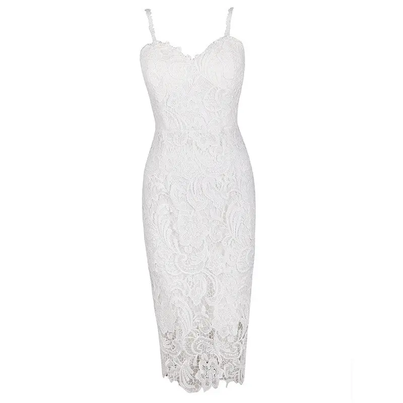 Black White Lace Dress Strap Crochet Party Dresses For Women Hollow Out Sexy Bodycon Dress Slim Mid Dress Plus Size 5