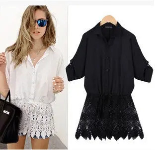 Black White Lace Patchwork Shirt Women Batwing Lace Crochet Blusa Feminina Xxl Plus Size Blouses Shirts 4