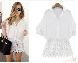 Black White Lace Patchwork Shirt Women Batwing Lace Crochet Blusa Feminina Xxl Plus Size Blouses Shirts 5