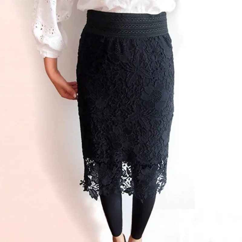 Black White Lace Skirts Womens High Waist Midi Skirt Wide Band Elastic Waist Pencil Skirt Lace Crochet Sexy Skirt Saia 1