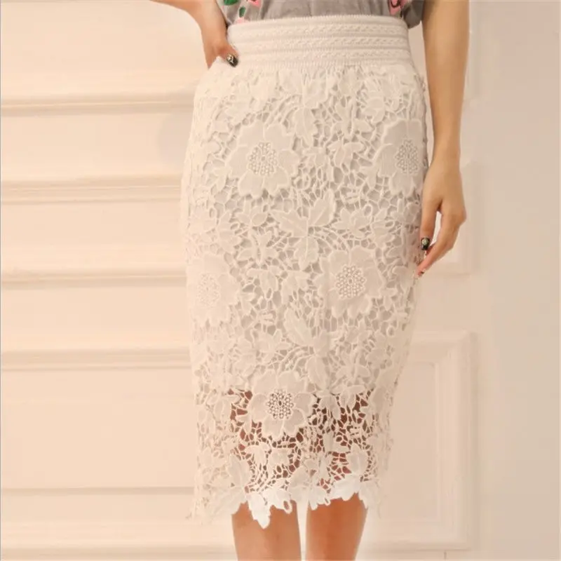 Black White Lace Skirts Womens High Waist Midi Skirt Wide Band Elastic Waist Pencil Skirt Lace Crochet Sexy Skirt Saia 2