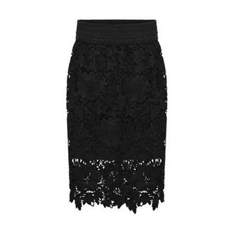 Black White Lace Skirts Womens High Waist Midi Skirt Wide Band Elastic Waist Pencil Skirt Lace Crochet Sexy Skirt Saia 4