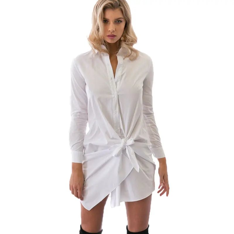 Black White Long Shirt Dress For Women Front Knot Sexy Dress Long Sleeve Turn Down Collar Dress Robe 1