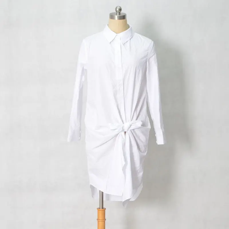 Black White Long Shirt Dress For Women Front Knot Sexy Dress Long Sleeve Turn Down Collar Dress Robe 5