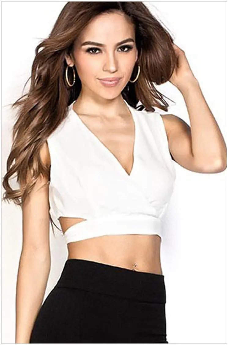 Black White Orange Deep V-Neck Sexy Crop Tops Bandage Tank Top Hollow Out Blouse Short Tops 2