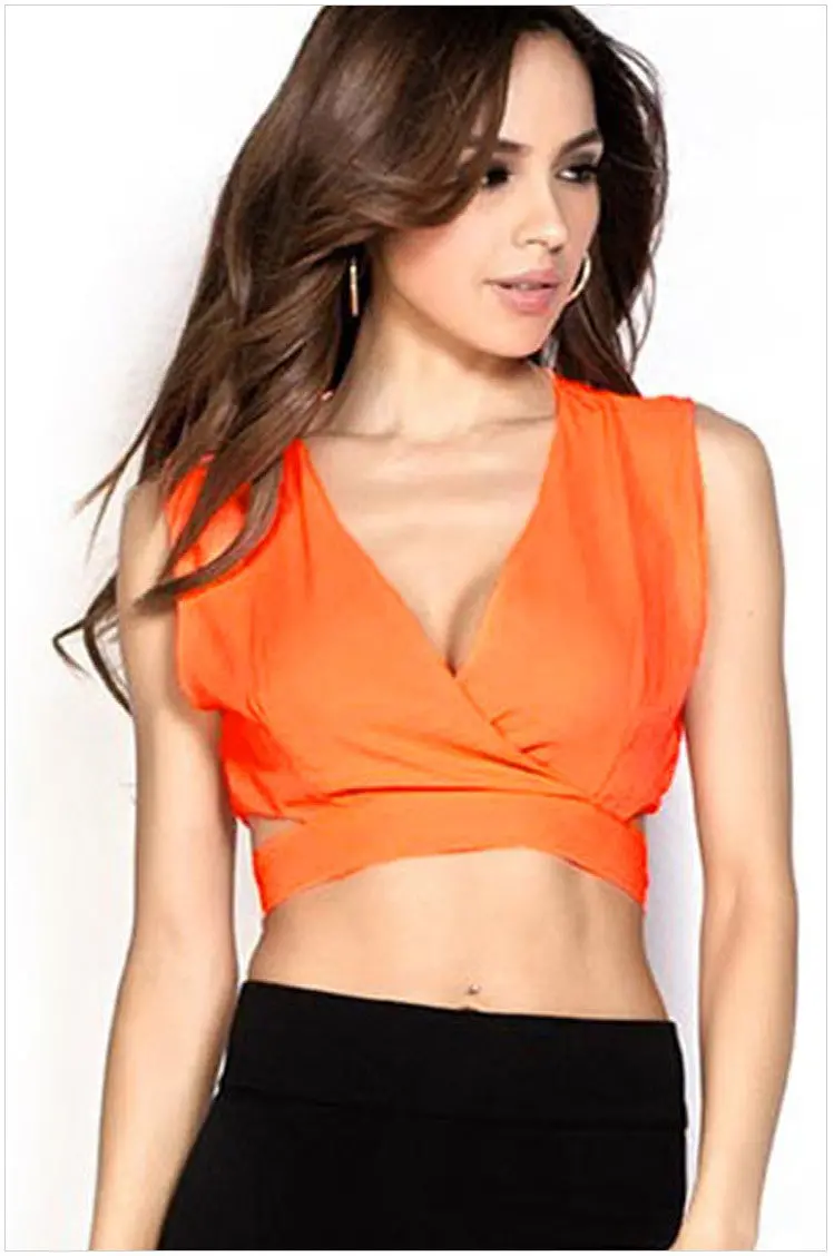 Black White Orange Deep V-Neck Sexy Crop Tops Bandage Tank Top Hollow Out Blouse Short Tops 3