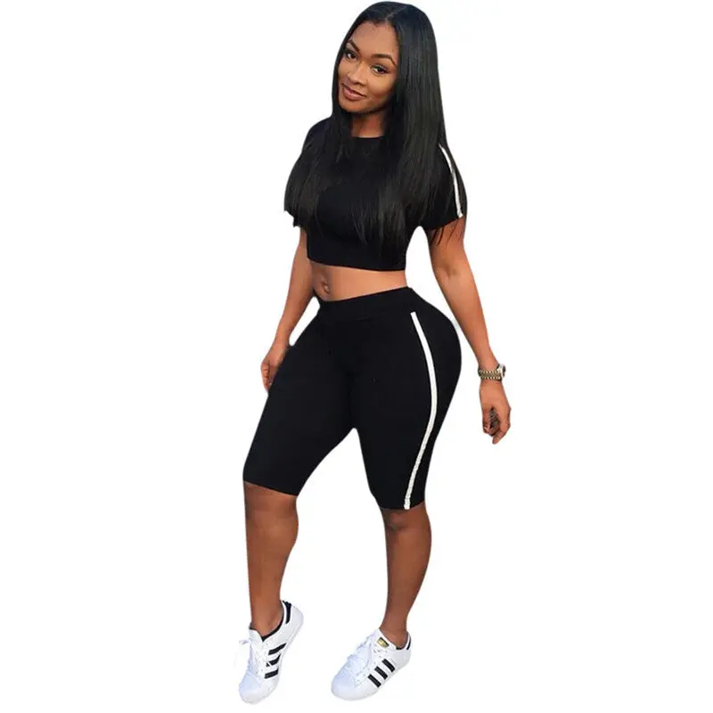 Black White Patchwork Sport Jumpsuit Elastic Fitness Sports Pants + Short Sleeve Crop Top Gym Jumpsuit Women 1