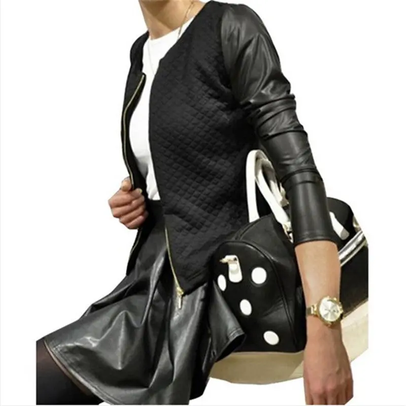 Black White Pu Leather Sleeve Jacket Women Slim Jacket Coat Women Chaquetas Mujer Zipper Casaco Feminino Xl 1