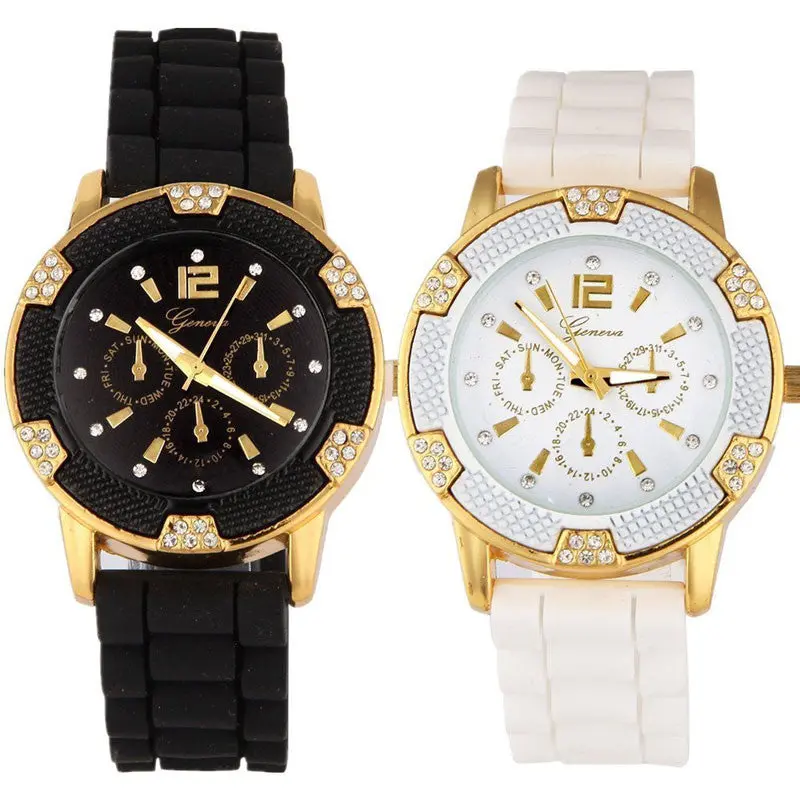 Black White Rosegold Faux Chronograph Silicone Watch Ladies Rhinestones Clock Women Watch Dress Watches Gift Relogio Feminino 1