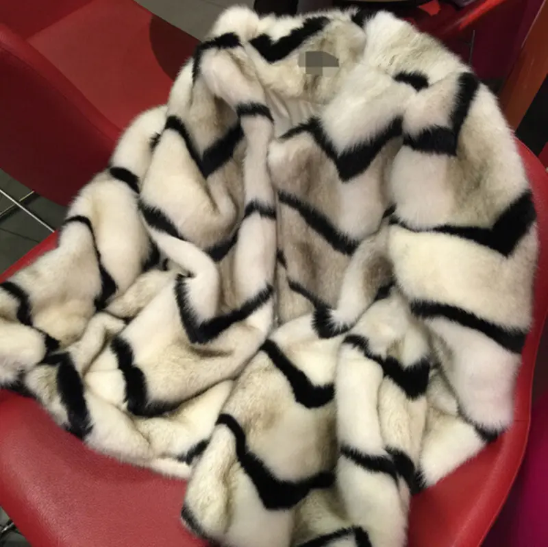 Black White Striped Hairy Shaggy Faux Mink Fur Coat O Neck Furry Warm Long Faux Fur Jacket Outwear Overcoat 1