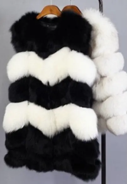 Black White Striped Long Hairy Shaggy Faux Fox Fur Vest Woman Contrast Color Gilet Waistcoat Warm Outerwear 1