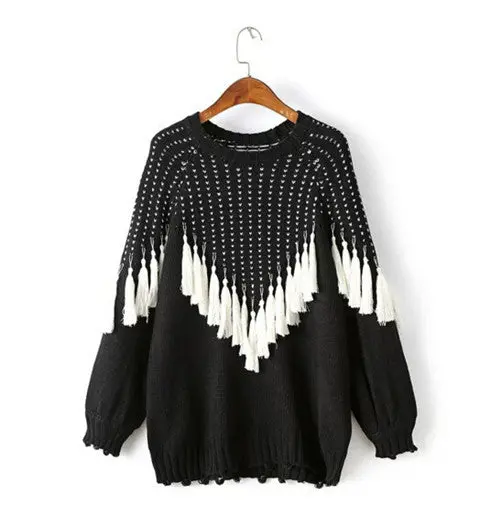 Black White Tassel Knitted Jumper Pullovers Women Wave Fringed Kleding Mujer Pull Femme Sweaters Knitwear 1