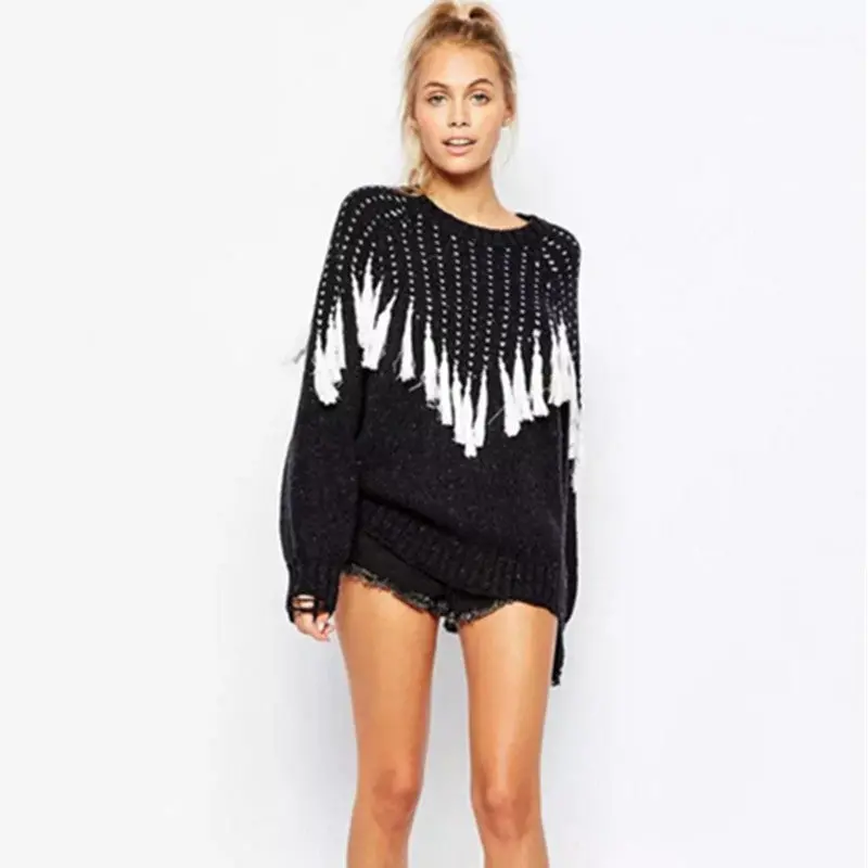 Black White Tassel Knitted Jumper Pullovers Women Wave Fringed Kleding Mujer Pull Femme Sweaters Knitwear 2
