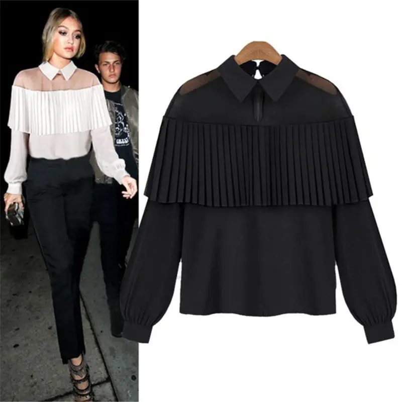 Black White Women Chiffon Blouse Pleated Ruffle See Through Mesh Patchwork Long Sleeve Office Shirts Blusas Feminina 3