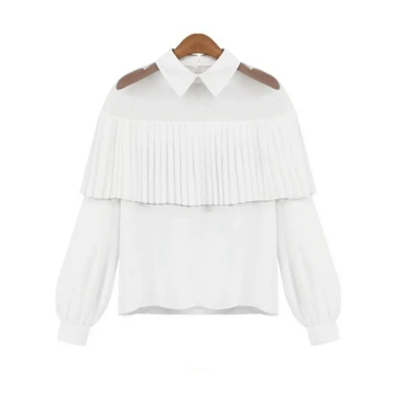 Black White Women Chiffon Blouse Pleated Ruffle See Through Mesh Patchwork Long Sleeve Office Shirts Blusas Feminina 4