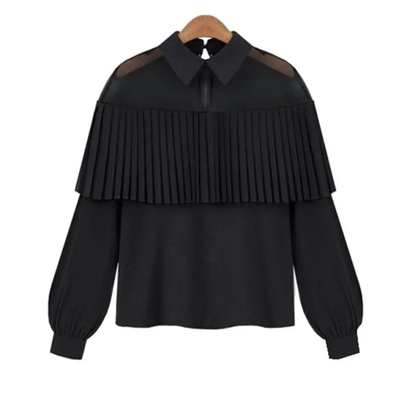 Black White Women Chiffon Blouse Pleated Ruffle See Through Mesh Patchwork Long Sleeve Office Shirts Blusas Feminina 5