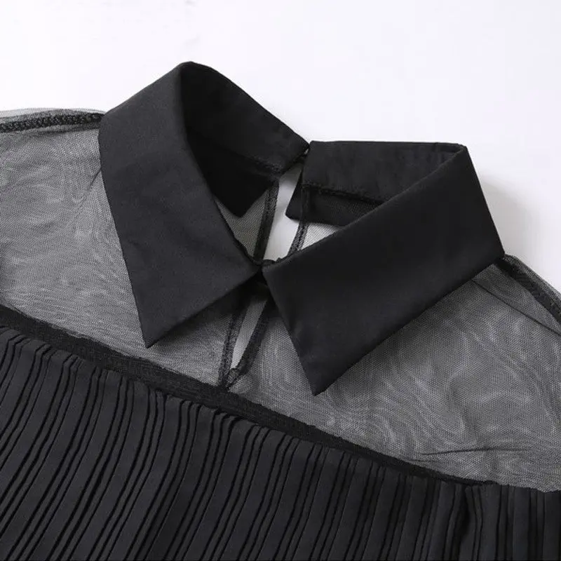 Black White Women Chiffon Blouse Pleated Ruffle See Through Mesh Patchwork Long Sleeve Office Shirts Blusas Feminina 6