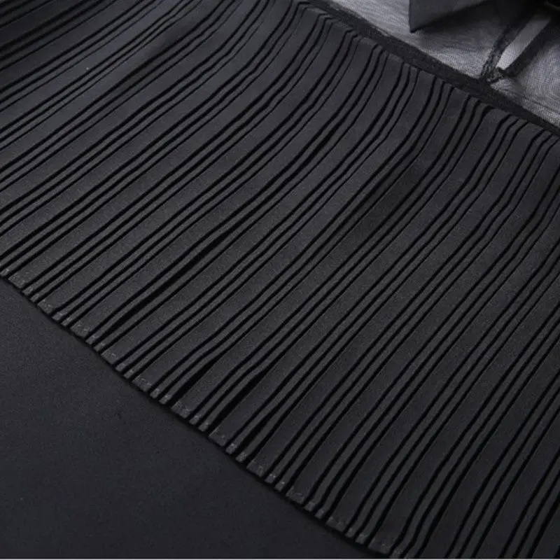 Black White Women Chiffon Blouse Pleated Ruffle See Through Mesh Patchwork Long Sleeve Office Shirts Blusas Feminina 7