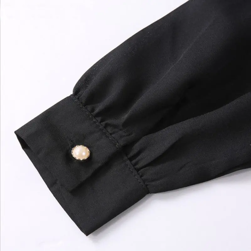 Black White Women Chiffon Blouse Pleated Ruffle See Through Mesh Patchwork Long Sleeve Office Shirts Blusas Feminina 8