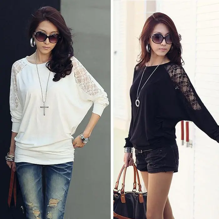 Black White Women Loose Batwing Long Sleeve Lace Shirt Blouse Casual Slim Tops Blouse Xxl Plus Size 3