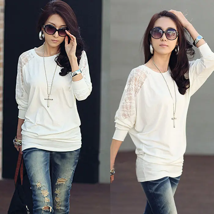 Black White Women Loose Batwing Long Sleeve Lace Shirt Blouse Casual Slim Tops Blouse Xxl Plus Size 4