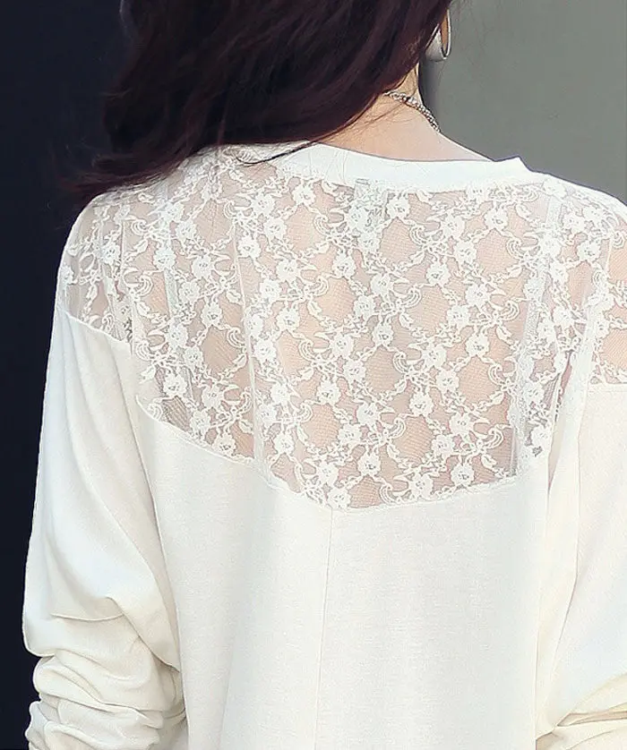 Black White Women Loose Batwing Long Sleeve Lace Shirt Blouse Casual Slim Tops Blouse Xxl Plus Size 6