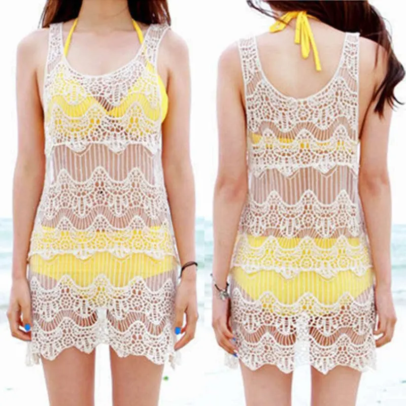 Blackbeige Lace Crochet Cover Up Beach Dresssleeveless Swimwear Bikini 1