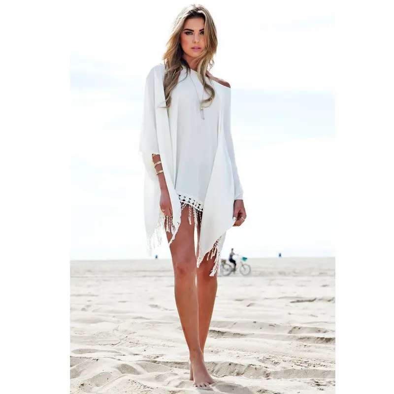 Blouse Women Sexy Chiffon Lace Stitching Tops With Tassel Girl Beach Cover Boho Outwear Shirt 4