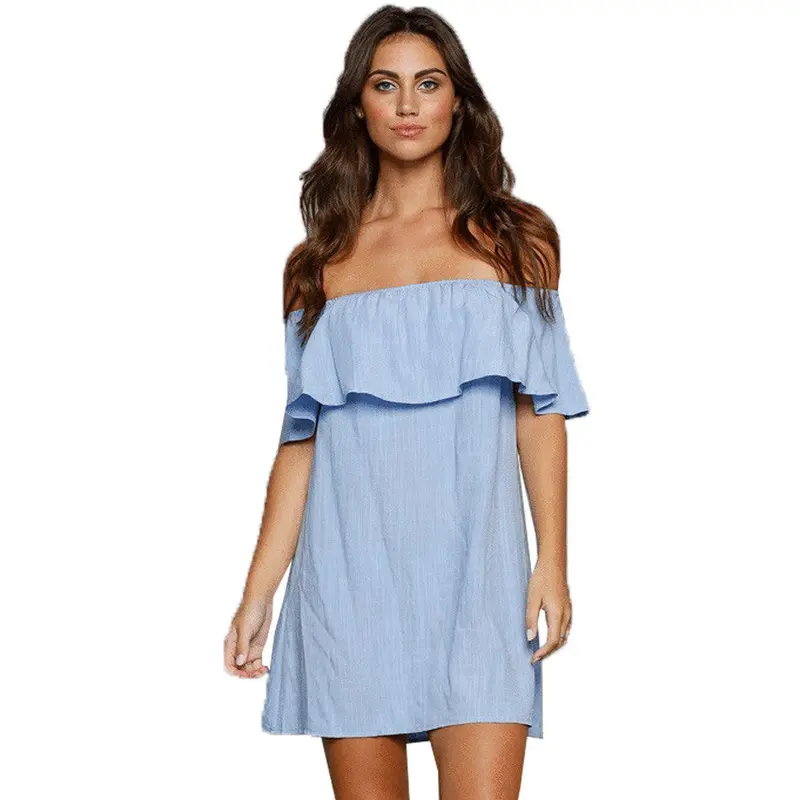 Blue Casual Dresses Cotton Ruffle Sleeve Loose Waist Ladies Short Dress Slash Neck Elegant Beach Mini Dress 1