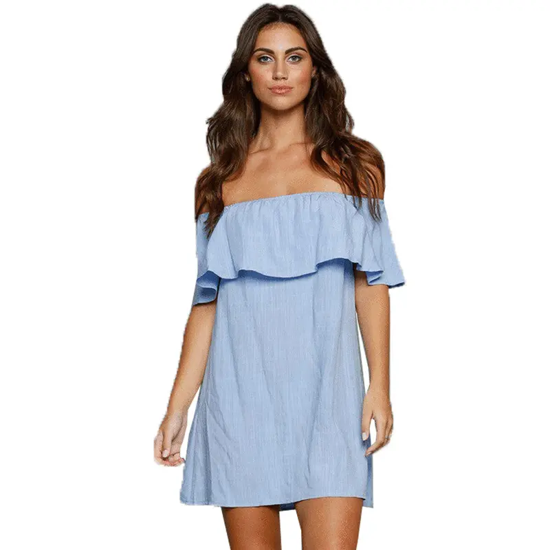 Blue Casual Dresses Cotton Ruffle Sleeve Loose Waist Ladies Short Dress Slash Neck Elegant Beach Mini Dress 2