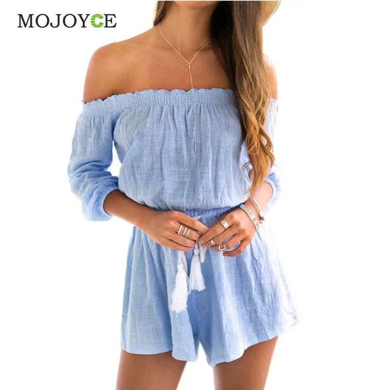 Blue Off Shoulder Rompers Womens Jumpsuit Shorts Beach Playsuit Linen Jumpsuit Cotton Bodysuit Combinaison Femme 1
