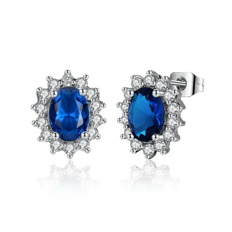 Blue Oval Cut Stone Flower Stud Earrings For Brinco E103-Bu 1