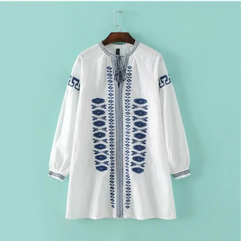 Blue White Geometric Embroidery Dress Woman Strappy Neck Lantern Sleeve Dresses Femme Streamer Dress S M L 2