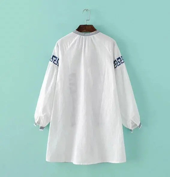 Blue White Geometric Embroidery Dress Woman Strappy Neck Lantern Sleeve Dresses Femme Streamer Dress S M L 3