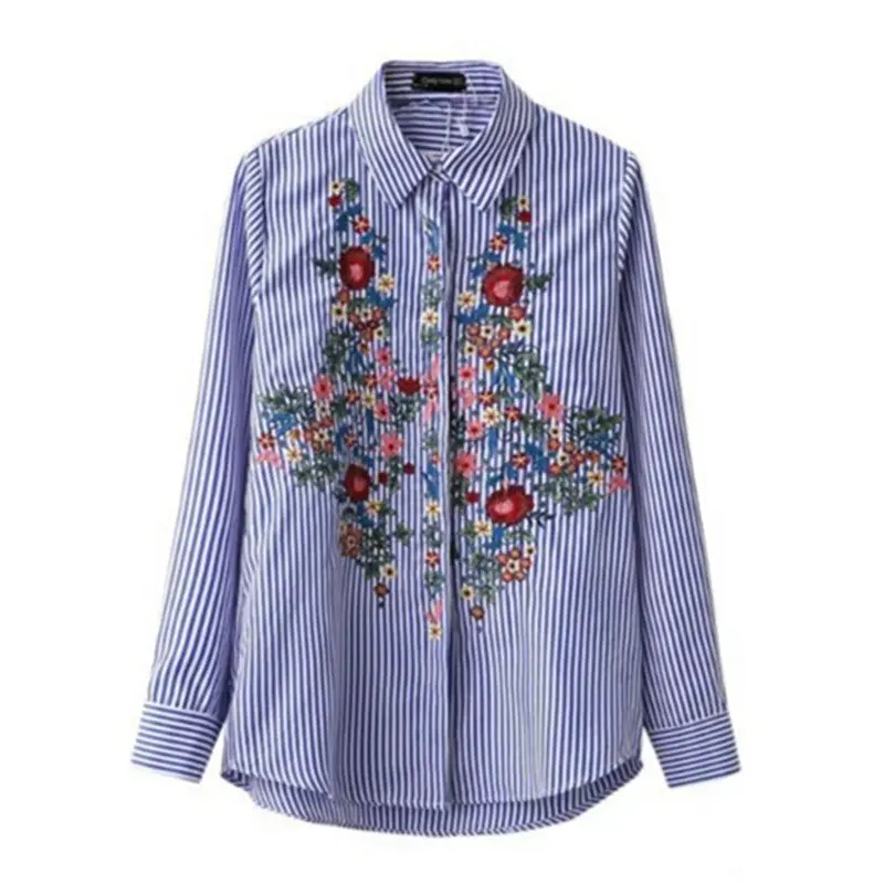 Blue White Striped Print Flower Embroidery Shirt Women Lapel Long Sleeve Mid Long Blouse Tops Blusas Chemise Femme Blusa 1