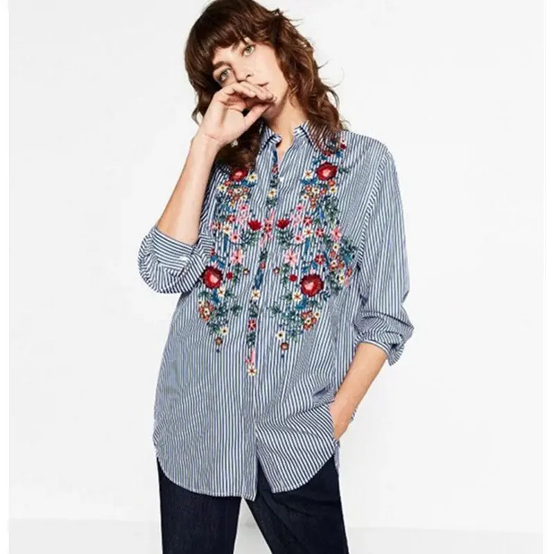 Blue White Striped Print Flower Embroidery Shirt Women Lapel Long Sleeve Mid Long Blouse Tops Blusas Chemise Femme Blusa 2