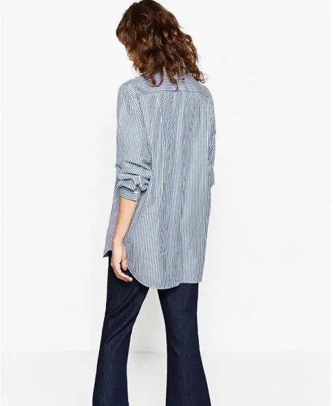 Blue White Striped Print Flower Embroidery Shirt Women Lapel Long Sleeve Mid Long Blouse Tops Blusas Chemise Femme Blusa 3